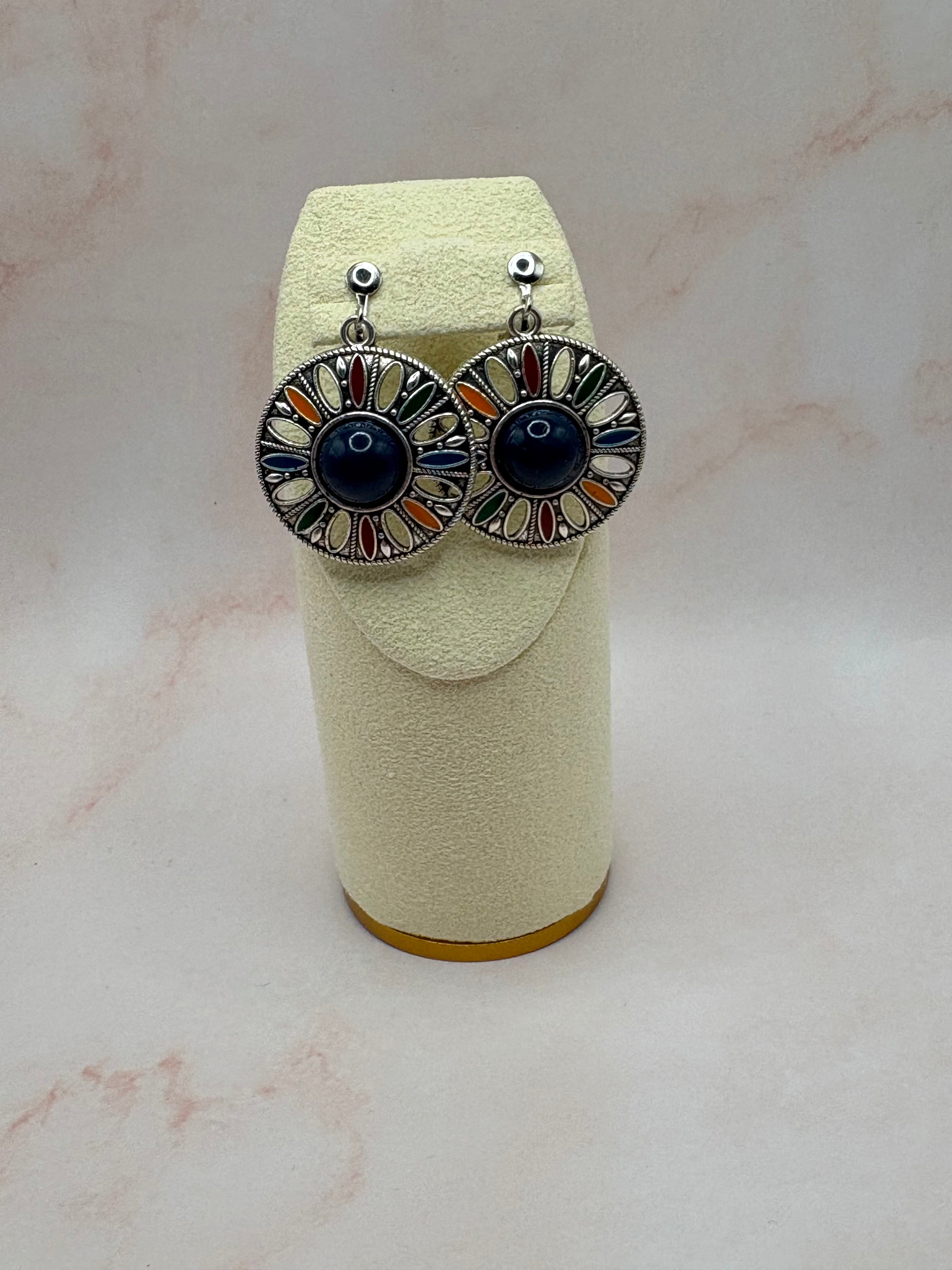 Silvertone Disc Color Wheel Clip On Earrings