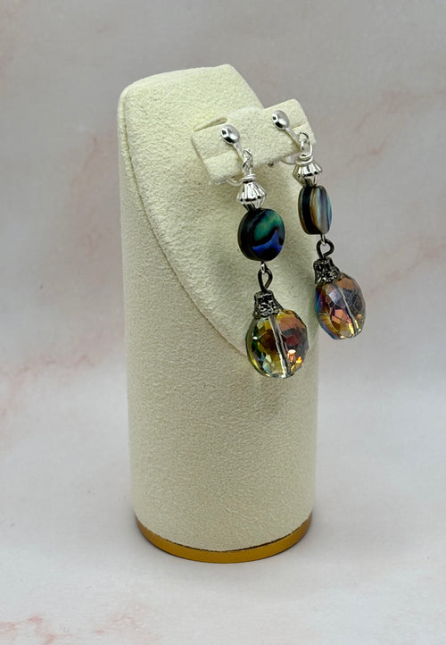 Blue Mother of Pearl Shell Crystal Clip On Earrings